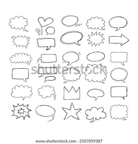  Speaking hand drawn doodle bubbles set. Talk clouds sketch frames. Speech thought Balloon shapes. Vector illustration