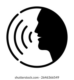 Ícone gráfico do homem falante. Sinal isolado de voz humana e ondas sonoras em fundo branco. Símbolo de comando de voz. Ilustração vetorial