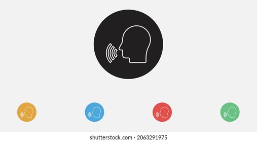 Speaking icon. Man with open mouth and sound wave. Talk base icon. Loudly talking person. Set of colorful flat design.