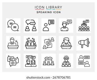 Speaking Icon Pack with Podium, Speech Bubble, Microphone, and Team Communication Symbols for Presentations and Discussions