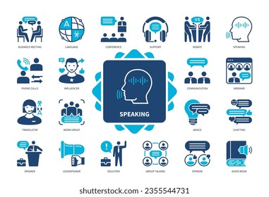 Speaking icon set. Business Meeting, Communication, Language, Loudspeaker, Influencer, Opinion, Webinar, Conference. Duotone color solid icons