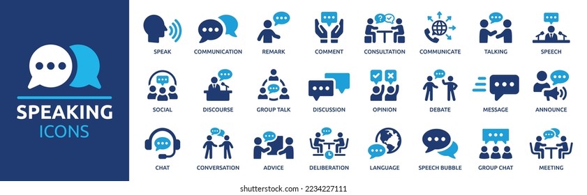 Juego de iconos para hablar. Colección de iconos de comunicación. Conteniendo discusión, burbuja de voz, conversación, consulta y conversación ilustrando el vector.