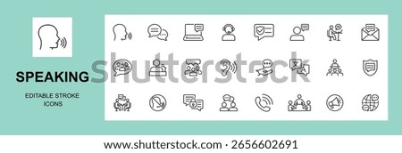 Speaking icon set. Communication icons collection. Containing discussion, communication, talking, discussion, speech bubble, consultation and conversation icon, Editable stroke. Vector illustration