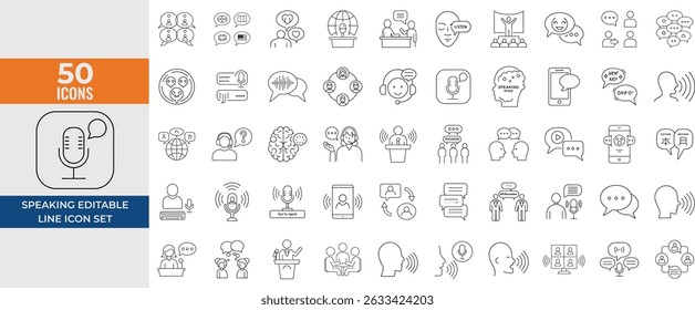 Conjunto de ícones de fala - Ícones de linha editáveis para diálogo, comunicação, fala, bate-papo, reunião, suporte e voz. Ilustração de vetor