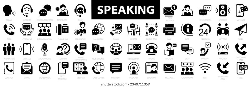 Speaking icon set. Feedback, testimonial, customer thin line icons. Communication icons collection. Discussion, speech bubble, talking, consultation, logo, app, template and conversation icon. 