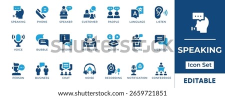 Speaking Icon Set. Includes icons of speech, communication, dialogue, presentation, public speaking, and debate. Perfect for education, media, and events.