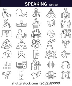 Speaking icon set with line art microphone, podcast, discussion, interview, speech, megaphone, call, and communication symbols. Perfect for media, broadcast, and online content.