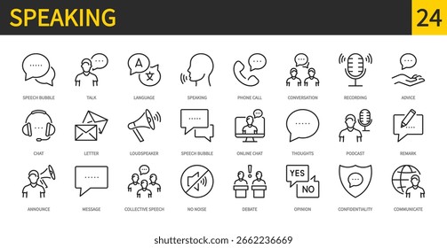 Speaking icon set. Speech bubble, talk, language, speaking, loudspeaker, online chat, message, collective speech, opinion, communicate, podcast, letter, etc. Vector illustration. Editable stroke.	
