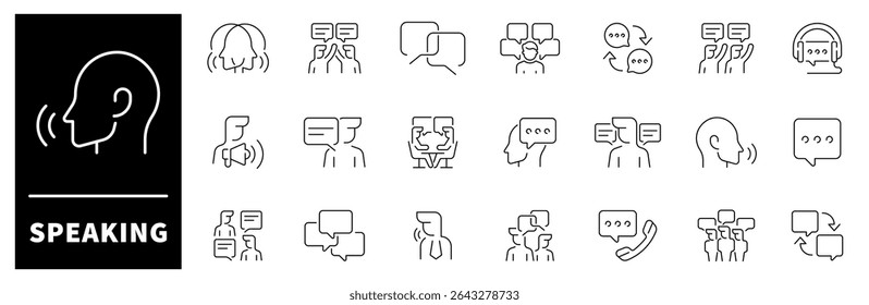 Ícone de fala definido. Ícones de linha fina definidos relacionados a falar e falar. Ícones relacionados à comunicação. Fala, conversa, discussão, balão de fala, ícones de vetor de diálogo