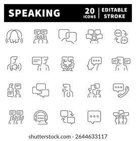 Ícone de fala definido. Ícones de linha fina definidos relacionados a falar e falar. Ícones relacionados à comunicação. Fala, conversa, discussão, balão de fala, ícones de vetor de diálogo