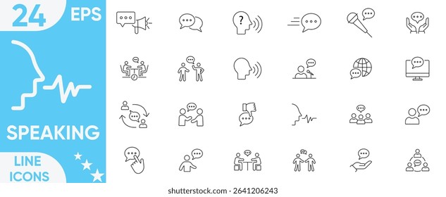 Speaking icon set.Discussion, team, relationships, support, social, talking, public speaking, speech bubble, talking, consultation and more.Vector and illustrator set.