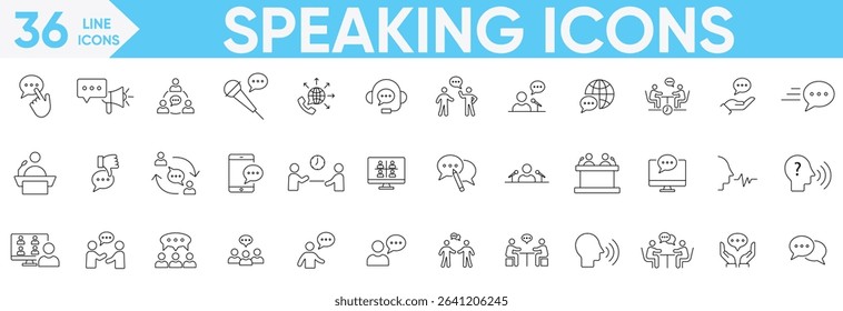 Speaking icon set.Discussion, team, relationships, support, social, talking, public speaking, speech bubble, talking, consultation and more.Vector and illustrator set.