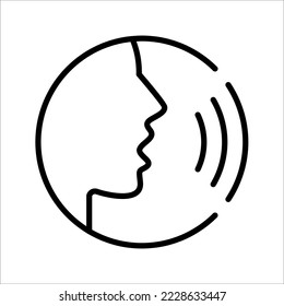 Speaking icon. Talk person sign or symbol , man with open mouth and sound wave , Voice command, speech icon for interact, vector illustration on white background.