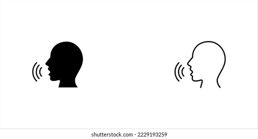 Icono de habla. Signo o símbolo de persona hablante , hombre con boca abierta y onda de sonido , Comando de voz, icono de voz para interactuar, ilustración vectorial sobre fondo blanco.