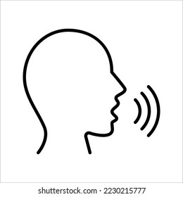 Speaking icon. Talk person sign or symbol , man with open mouth and sound wave , Voice command, speech icon for interact, vector illustration on white background.