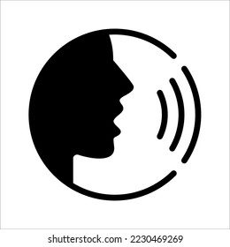 Speaking icon. Talk person sign or symbol , man with open mouth and sound wave , Voice command, speech icon for interact, vector illustration on white background.