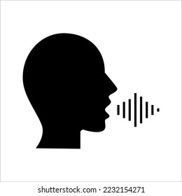 Speaking icon. Talk person sign or symbol , man with open mouth and sound wave , Voice command, speech icon for interact, vector illustration on white background.