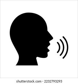 Speaking icon. Talk person sign or symbol , man with open mouth and sound wave , Voice command, speech icon for interact, vector illustration on white background.