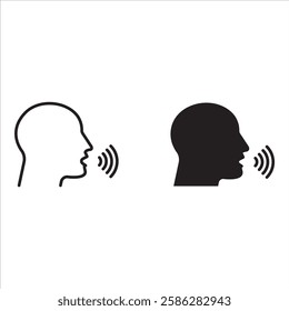 Speaking icon. Talk person sign or symbol , man with open mouth and sound wave , Voice command, speech icon for interact, vector illustration on white background.
