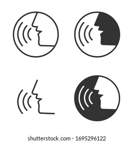 Speaking icon vector. Talk person sign or symbol , man with open mouth and sound wave , Voice command, Voice recognition, speech icon for interact, interview, talk controls, isolated on white