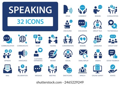 Speaking icons collection. Communication between people in society. Discussion, team, relationships, support, speech bubble, social. Simple flat vector icon.