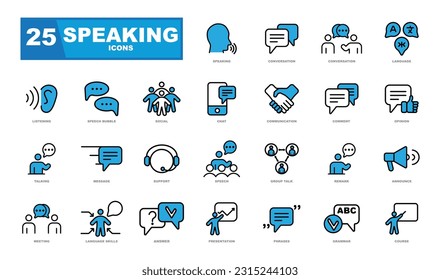 Speaking icons collection. Talk, speech, discussion, dialog, speaking, chat, conference, meeting icon set in thin line style