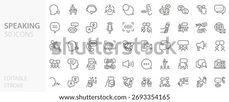 Speaking icons set. Communication icon symbols for talking, conversation, consultation, conference, voice, speech bubble and public speaking. Thin line editable stroke vector. Outline illustration