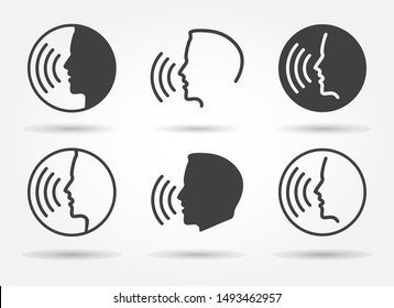 Speaking icons. Talk or talking person sign, man with open mouth, speech icon for interview, interact and talks controls, vector illustration