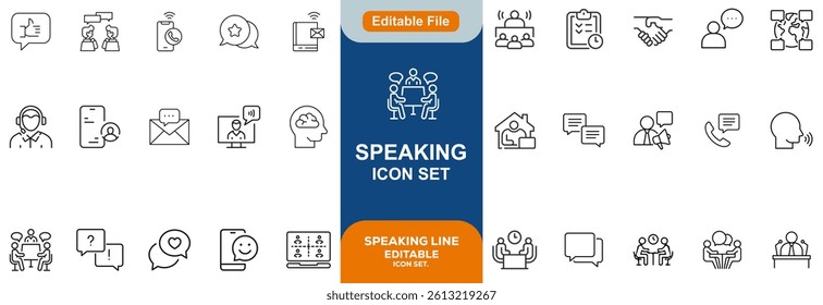 Speaking line editable icon set. Communication icons collection. Containing discussion, speech bubble, talking, consultation, conversation and more. vector illustration.