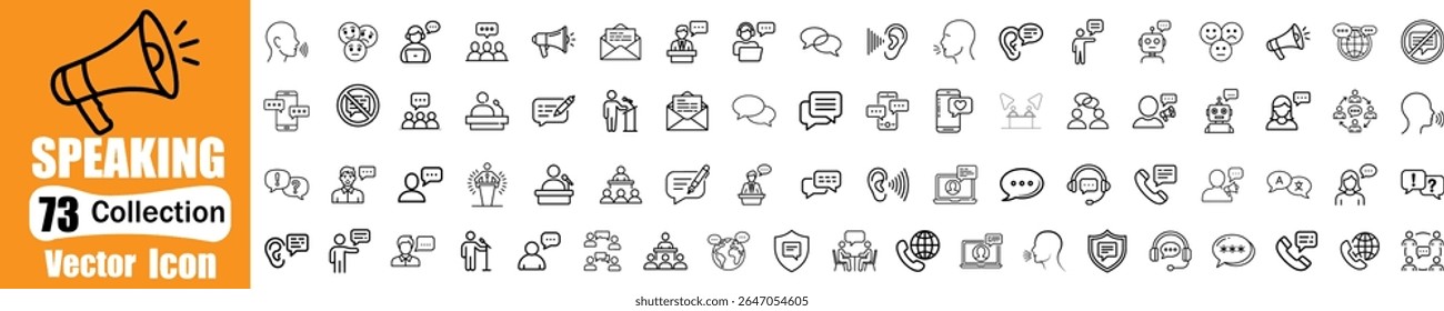 Conjunto de iconos editables de línea de habla. Colección de iconos de comunicación. Contiene discusión, burbuja de discurso, hablar, consultar. Ilustración vectorial.