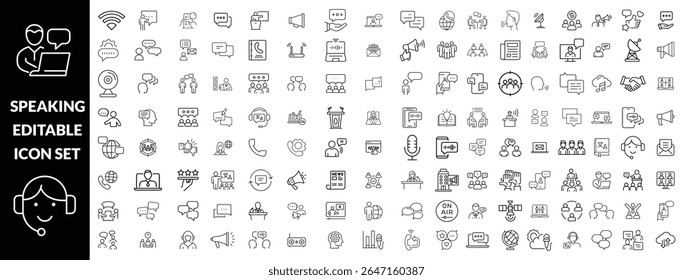 Conjunto de iconos editables de línea de habla, Ilustración vectorial en estilo de línea delgada moderna, comunicación, discurso, chat, diálogo, conversación, pictograma, personas, mensaje, grupo, voz, símbolo, infografías