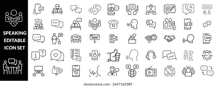 Icones editáveis da linha de fala definida, ilustração vetorial no estilo de linha fina moderno, comunicação, fala, bate-papo, diálogo, falar, pictograma, pessoas, mensagem, grupo, voz, símbolo, infográficos