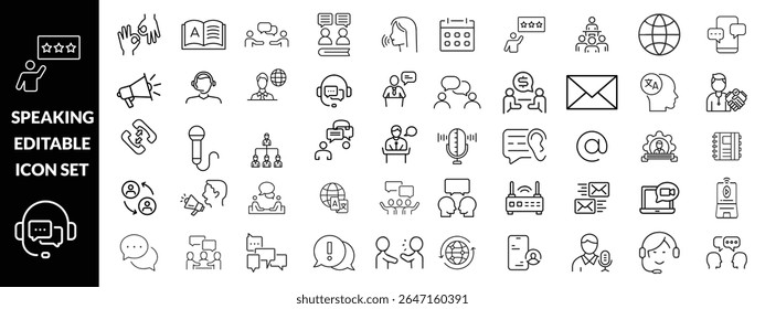 Icones editáveis da linha de fala definida, ilustração vetorial no estilo de linha fina moderno, comunicação, fala, bate-papo, diálogo, falar, pictograma, pessoas, mensagem, grupo, voz, símbolo, infográficos