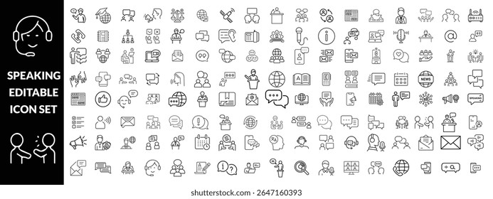 Icones editáveis da linha de fala definida, ilustração vetorial no estilo de linha fina moderno, comunicação, fala, bate-papo, diálogo, falar, pictograma, pessoas, mensagem, grupo, voz, símbolo, infográficos
