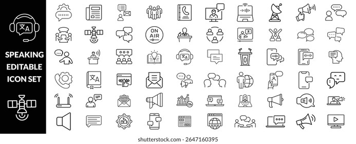 Icones editáveis da linha de fala definida, ilustração vetorial no estilo de linha fina moderno, comunicação, fala, bate-papo, diálogo, falar, pictograma, pessoas, mensagem, grupo, voz, símbolo, infográficos