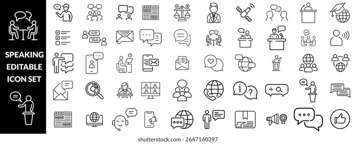 Icones editáveis da linha de fala definida, ilustração vetorial no estilo de linha fina moderno, comunicação, fala, bate-papo, diálogo, falar, pictograma, pessoas, mensagem, grupo, voz, símbolo, infográficos
