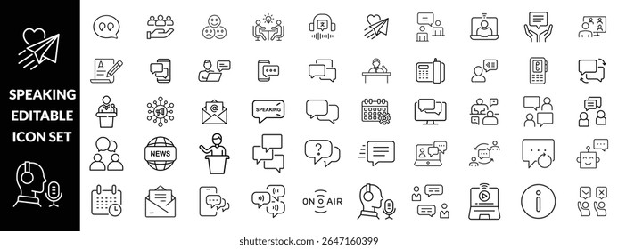 Speaking line editable icons set, vector illustration in modern thin line style, communication, speech, chat, dialogue, talk, pictogram, people, message, group, voice, symbol, infographics