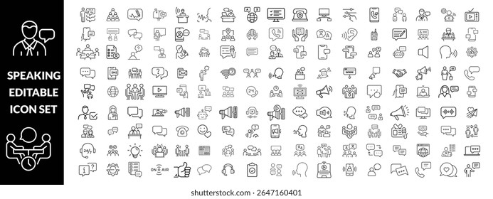 Icones editáveis da linha de fala definida, ilustração vetorial no estilo de linha fina moderno, comunicação, fala, bate-papo, diálogo, falar, pictograma, pessoas, mensagem, grupo, voz, símbolo, infográficos