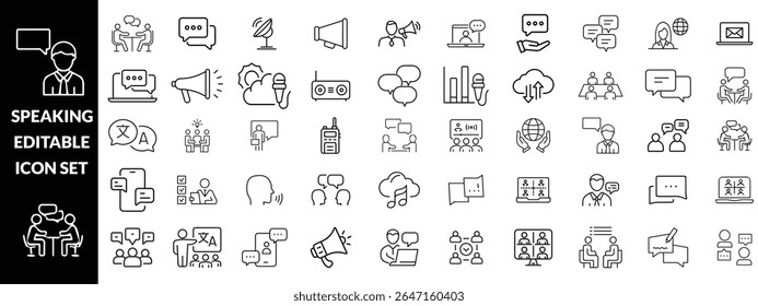 Icones editáveis da linha de fala definida, ilustração vetorial no estilo de linha fina moderno, comunicação, fala, bate-papo, diálogo, falar, pictograma, pessoas, mensagem, grupo, voz, símbolo, infográficos
