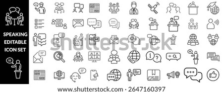 Speaking line editable icons set, vector illustration in modern thin line style, communication, speech, chat, dialogue, talk, pictogram, people, message, group, voice, symbol, infographics