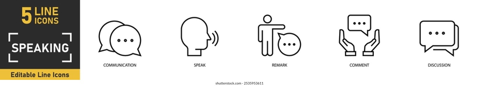 Conjunto de iconos de línea de voz. Conjunto de 5 iconos de esquema relacionados con la comunicación, hablar, comentar, comentar, discusión y más. Ilustración vectorial.