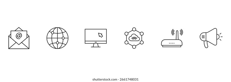 Ícone de linha de fala definido. Conjunto de ícones de linha de comunicação. Contendo falar, email, contato, bate-papo, site, satélite, rádio, antena, mensagem e muito mais. Ilustração vetorial.