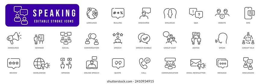 Speaking line icon set. Conversation icons collection. Discussion, speech bubble, talking, consultation and communication pictogram