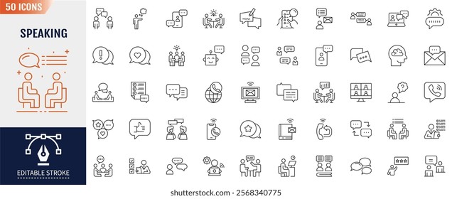 Speaking line icon set. Editable stroke. Communication discussion, speech bubble, talking, consultation, meeting and conversation icon. Vector illustration.