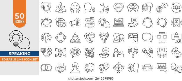 Speaking line Icon Set – Editable Line Vectors for Dialogue, Chat, Communication, Speech, Meetings and Support. Editable Stroke. Vector illustration