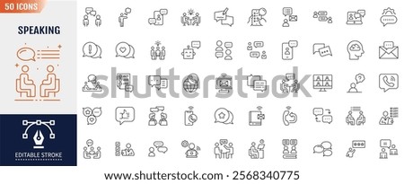 Speaking line icon set. Editable stroke. Communication discussion, speech bubble, talking, consultation, meeting and conversation icon. Vector illustration.