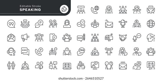 Speaking line icon set. Speak, speaker, speech, people communication, conversation, discussion, bubble, dialogue, voice message, letter and more. Outline icon in linear style. Vector collection.	
