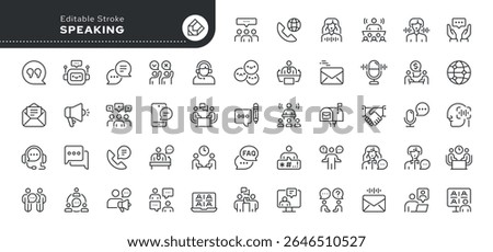 Speaking line icon set. Speak, speaker, speech, people communication, conversation, discussion, bubble, dialogue, voice message, letter and more. Outline icon in linear style. Vector collection.	
