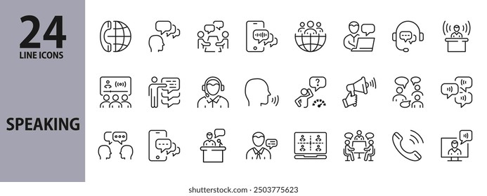 Speaking line icons set with discussion, speak, call, social, consultation and more. Editable Stroke