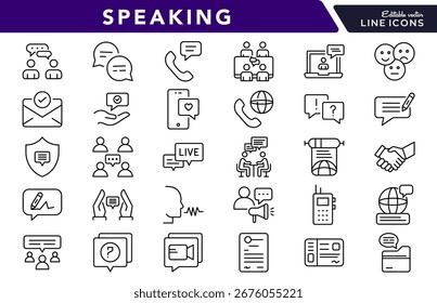 Conjunto de iconos lineales de habla. Comunicación, conversación, diálogo, discurso, micrófono, voz, presentación, discusión, chat, expresión, conjunto de iconos de contorno de Vector. Paquete de iconos de línea delgada de interfaz de usuario